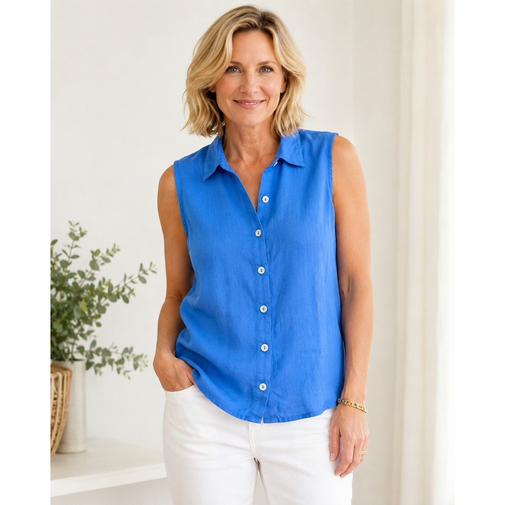JOIE Blue Linen Sleeveless‎ Button Down Shirt Blouse Small Summer Top